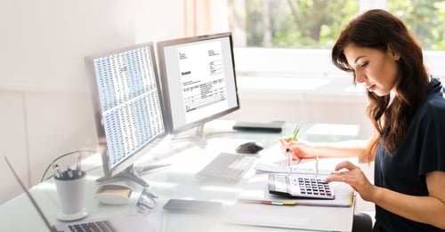 Frau verwendet Buchhaltungssoftware auf ihrem Computer