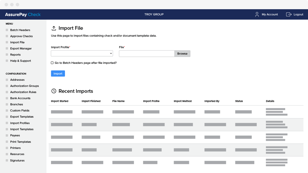 AssurePay-Check-Software-Bildschirm