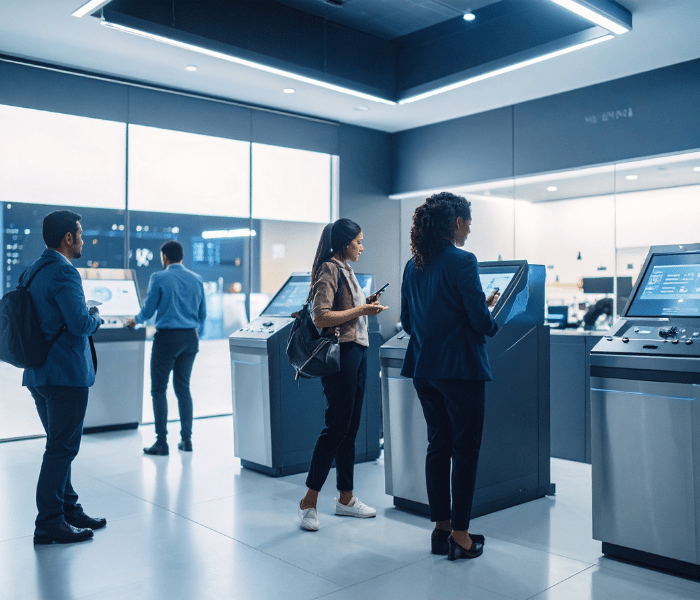 Bankkunden bedienen sich am Bankautomaten kopieren