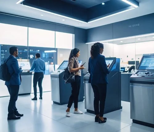 Menschen in einer futuristischen bargeldlosen Bankfiliale
