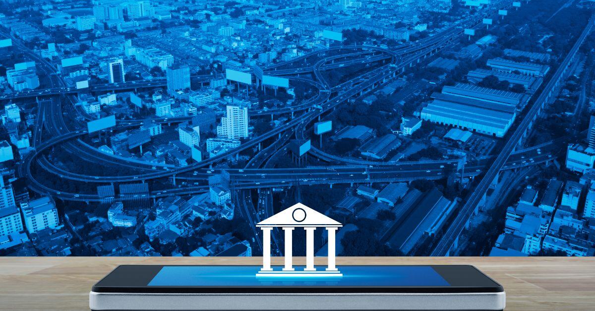 Bank-Symbol aus einem iphone mit blauem Stadtbild Hintergrund erscheinen 