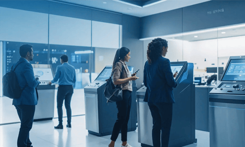 Futuristische Bankfiliale mit Selbstbedienungsautomaten