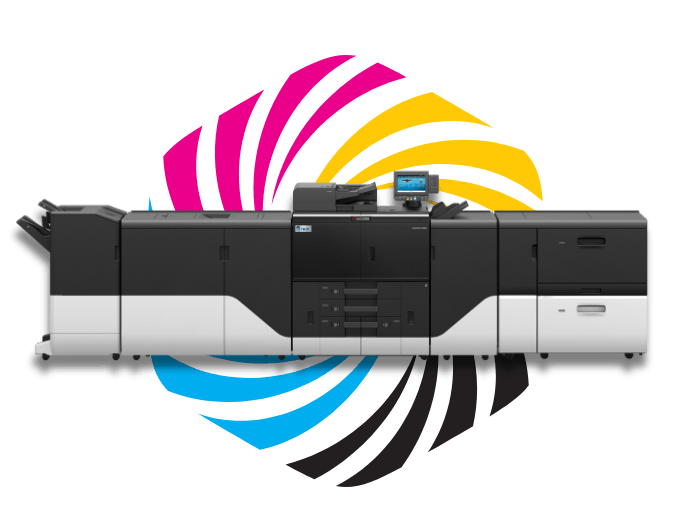 TROY TaskALFA Pro 15000 MICR-Produktionsdrucker mit CMYK-Spiralhintergrund
