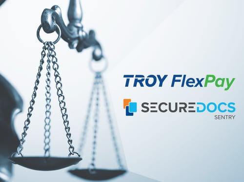 Abbildung einer juristischen Waage mit den Logos von TROY FlexPay und SecureDocs Sentry im rechten Vordergrund