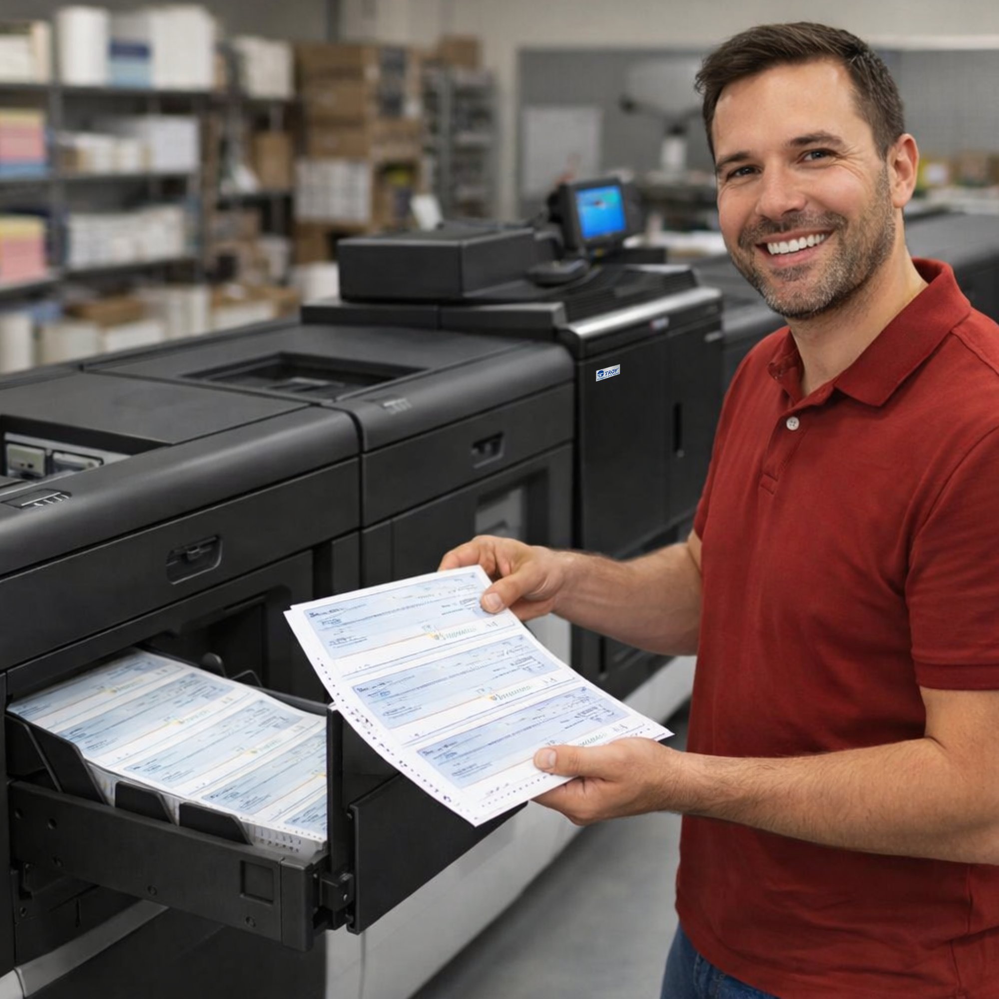 Ein Mann druckt Schecks mit dem MICR-Produktionsdrucker TROY TaskALFA Pro 15000