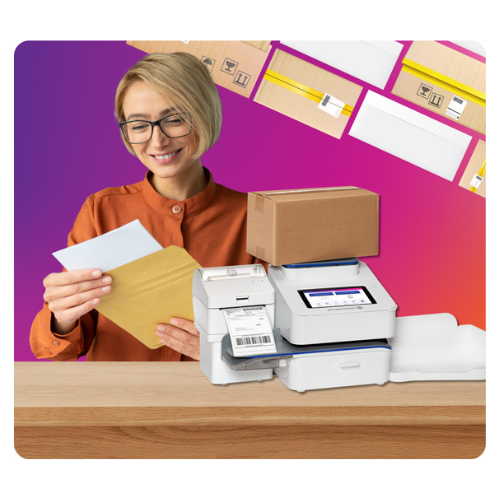 Pitney Bowes Frankiermaschine Frau mit rosa Hintergrund (1)