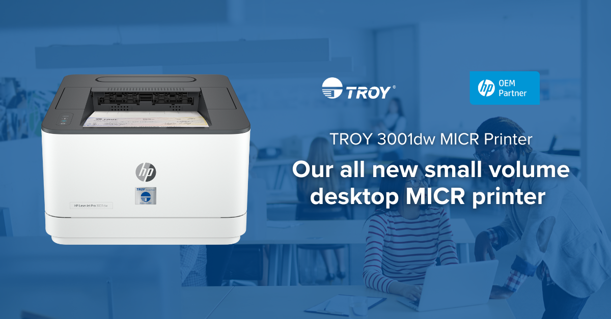 3001dw MICR Printer with blue overlay over top of picture of people in an office